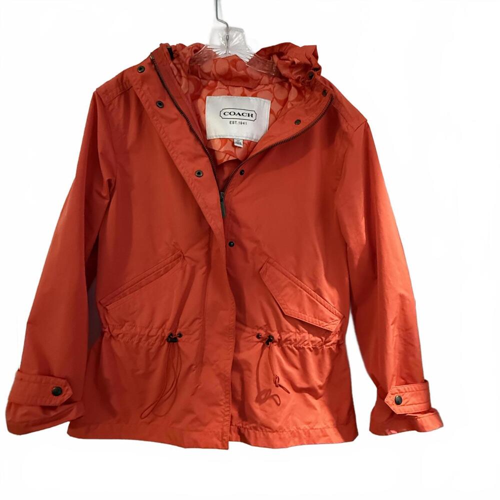 COACH women's orange lightweight hooded anorak rain jacket SZ S, Full Zip/Snap